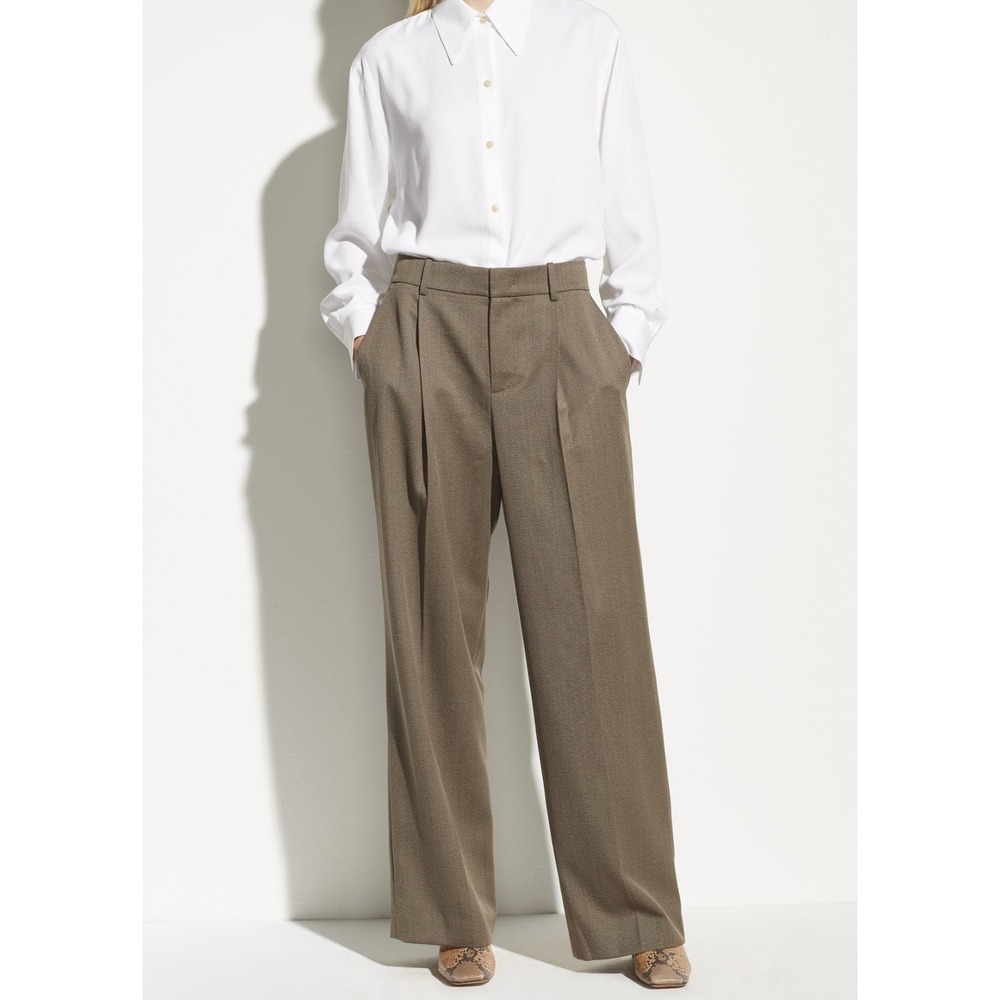Vince Wide Leg Pleated Trousers in Olive Brown